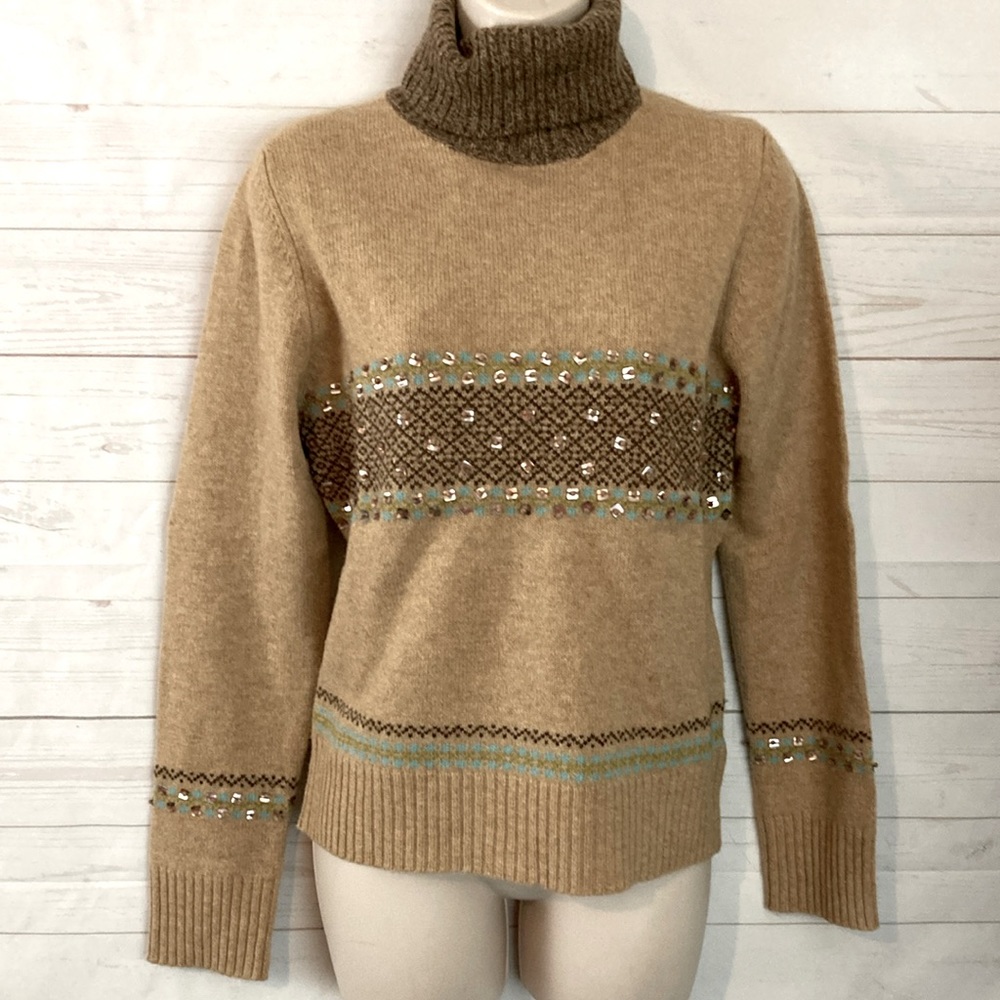 Shu Shu Size L Wool Blend Long Sleeve Beaded Tan & Blue Turtleneck Sweater